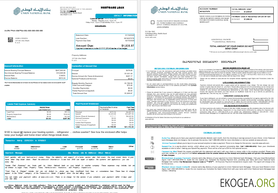 Relevé de prêt hypothécaire de la banque nationale de l'Union d'Abu Dhabi des Émirats arabes unis aux formats Word et PDF, 8 pages 1, 2